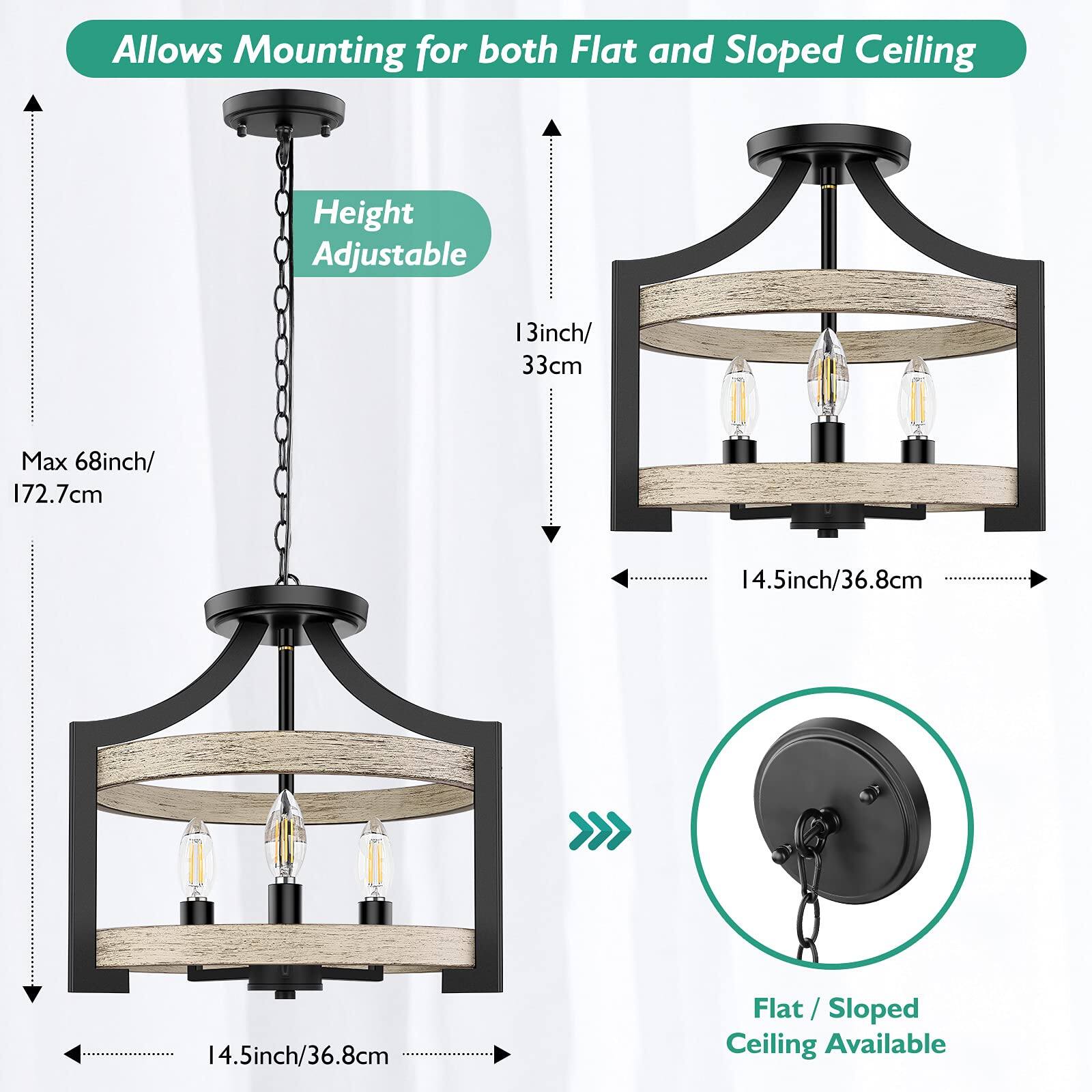 Allows Mounting for both Flat and Sloped Ceiling  
Height Adjustable  
13inch/ 33cm  
Max 68inch/ 172.7cm  
14.5inch/36.8cm  
Flat / Sloped Ceiling Available