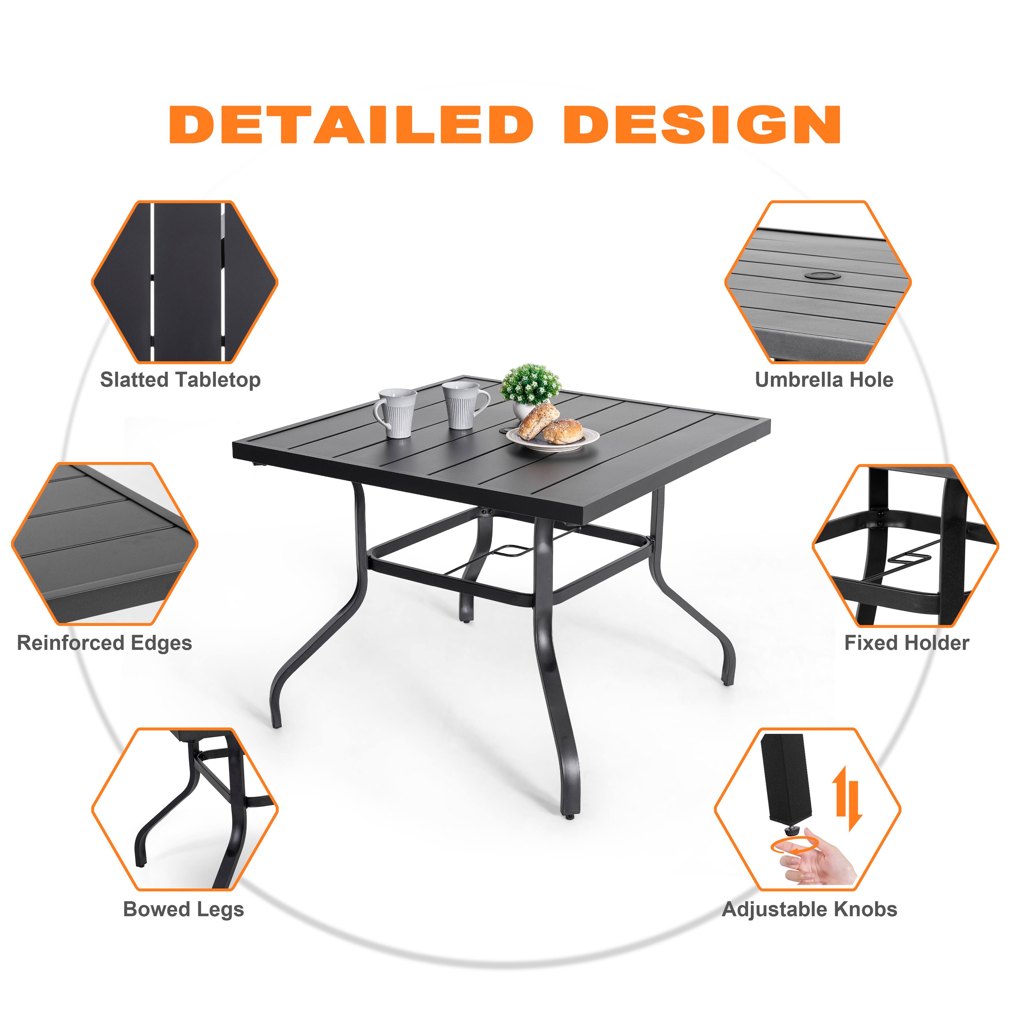 Sure, here is the corrected and grouped text from the image:

---

**DETAILED DESIGN**

- Slatted Tabletop
- Umbrella Hole
- Reinforced Edges
- Fixed Holder
- Bowed Legs
- Adjustable Knobs

---
