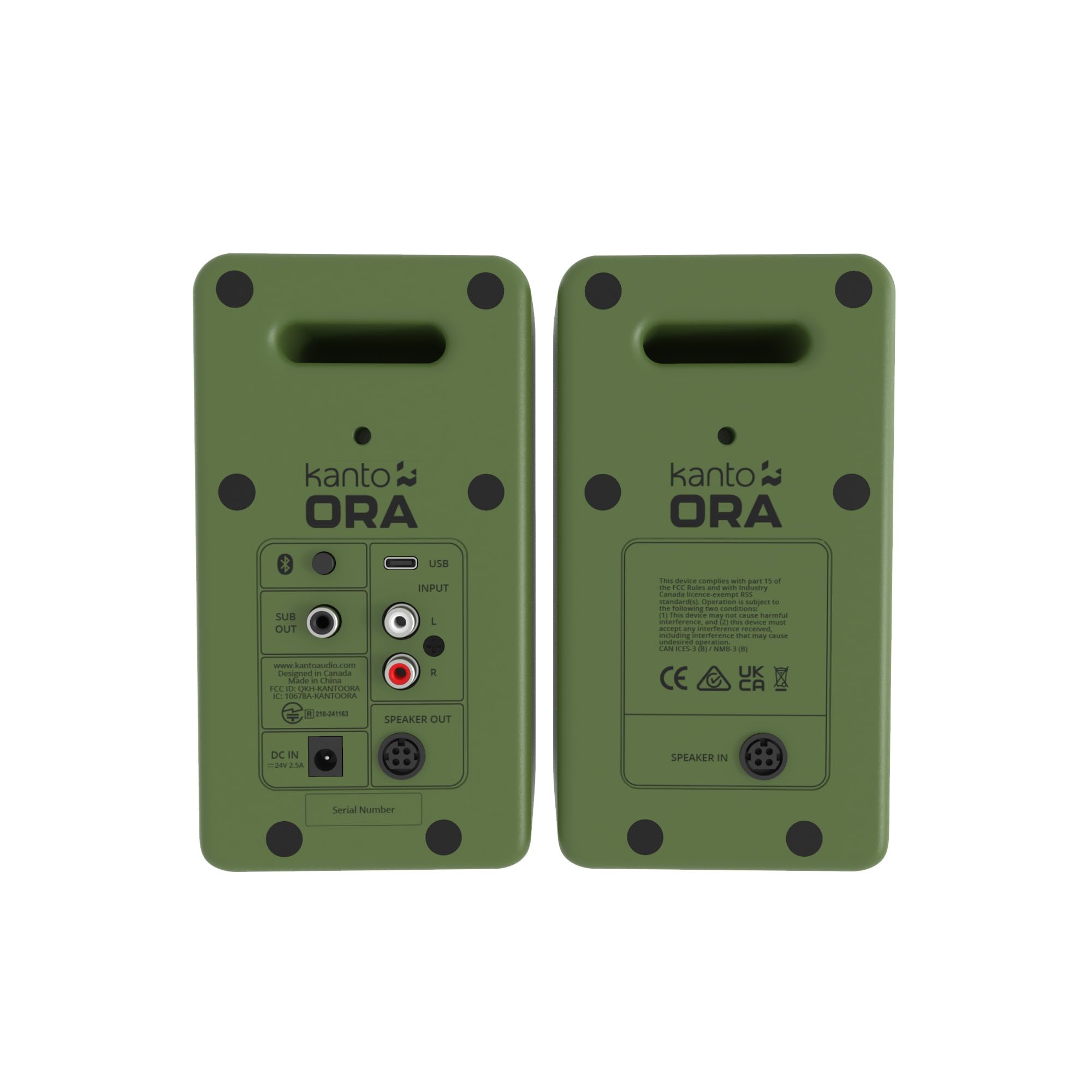 kanto ORA

SUB OUT  
INPUT  
USB  
DC IN  
SPEAKER OUT  
SPEAKER IN  

www.kantosound.com  
Designed in Canada  

Serial Number  

CE  
UK  

This device operates with parts 15 of the FCC Rules and is subject to the conditions in Part 15. This device must not cause harmful interference and must accept any interference received, including interference that may cause undesired operation.  

CAUTION: This device may cause radio interference. If you experience such interference, try relocating the device. If the problem continues, contact the manufacturer.  

C11537/10-10-10-10-10-10-10-10-10-10-10-10-10-10-10-10-10-10-10-10-10-10-10-10-10-10-10-10-10-10-10-10-10-10-10-10-10-10-10-10-10-10-