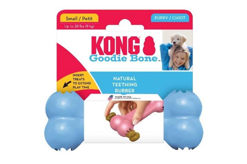Small / Petit PUPPY / CHIOT  
Up to 20 lbs (9 kg)  
KONG Goodie Bone  
INSERT TREATS TO EXTEND PLAY TIME  
NATURAL TEETHING RUBBER  
MADE IN USA SOUSCED  
KONG