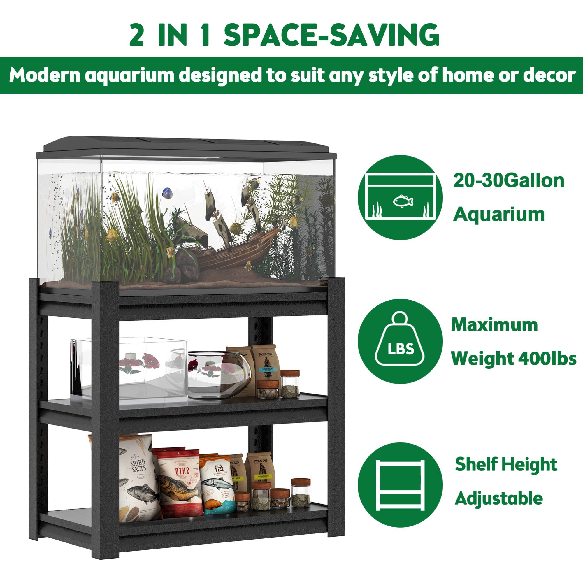 2 IN 1 SPACE-SAVING  
Modern aquarium designed to suit any style of home or decor  

- 20-30Gallon Aquarium  
- Maximum Weight 400lbs  
- Shelf Height Adjustable