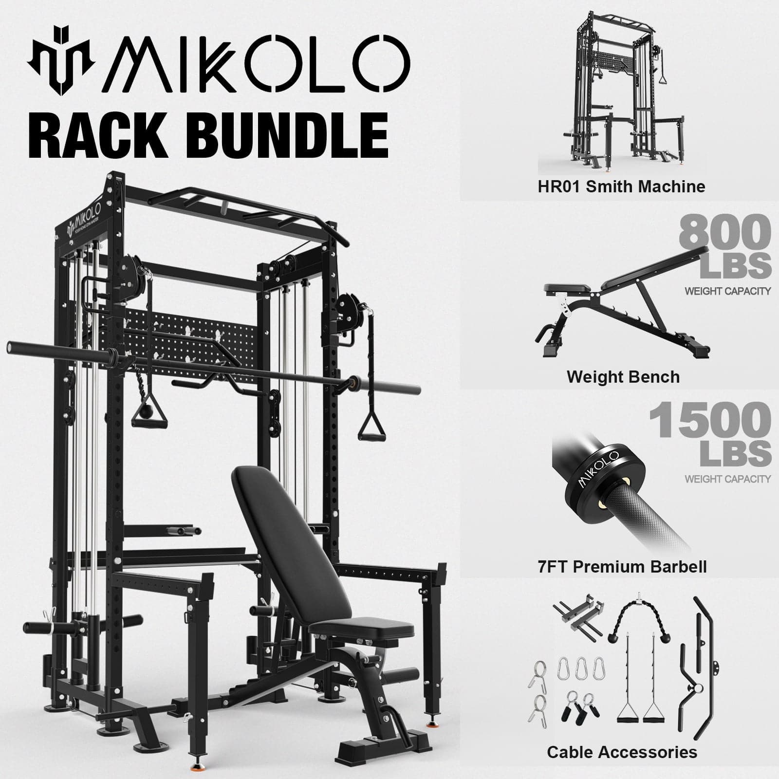 Mikolo - Power Rack, 2000LB Capacity Power Cage with Cable Crossover,Squat Rack With Weight Bench/Barbell/Weigth Plates - Black
