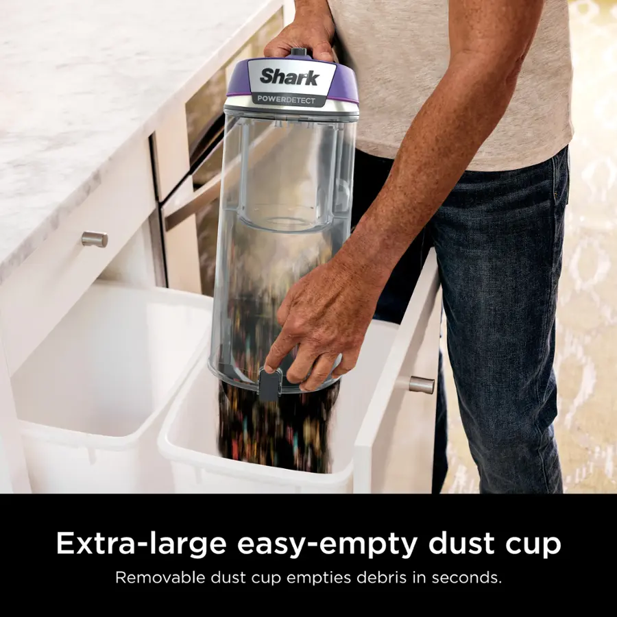 Shark POWERDETECT Extra-large easy-empty dust cup Removable dust cup empties debris in seconds.