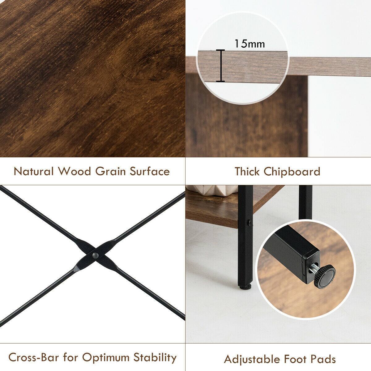 The text on the image is grouped as follows:

1. Natural Wood Grain Surface Thick Chipboard
2. Cross-Bar for Optimum Stability
3. Adjustable Foot Pads
