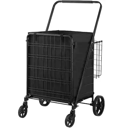 Front. Glintex - Folding Utility Shopping Cart with Waterproof Liner, Dual Basket, Heavy Duty Frame, 360° Swivel Wheels - Natural.