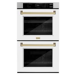 ZLINE - 30 in. Autograph Double Wall Oven w/ Air Fry and White Doors w/ Bronze Handles - Stainless Steel