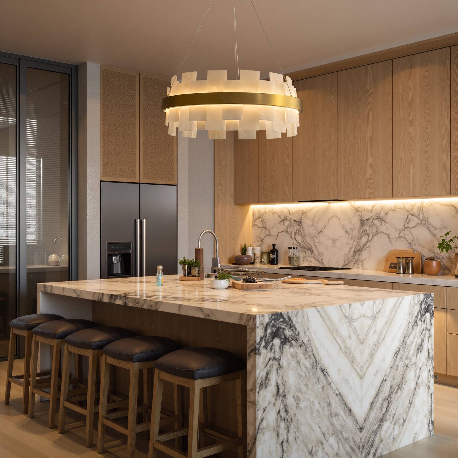 Left. Siljoy - 23.6-In Modern Alabaster LED Chandelier, Brass Frame Dimmable Light for Dining Room Living Room Kitchen Island Foyer - Gold Brass.