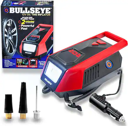 BULLSEYE
12V DC TIRE INFLATOR
INFLATES TIRES IN LESS THAN 2 minutes from 24 - 24 PSI
Powerful Fast
5 YEAR
GREAT FOR:
CAR TIRES
BICYCLE TIRES
MOTORCYCLE TIRES
SPORTS BALLS & MORE
Sound ALERT
AT PRESET PRESSURE
AUTO SHUT OFF
DIGITAL PRESSURE GAUGE
AUTON
SHUT OFF AT PRESSURE