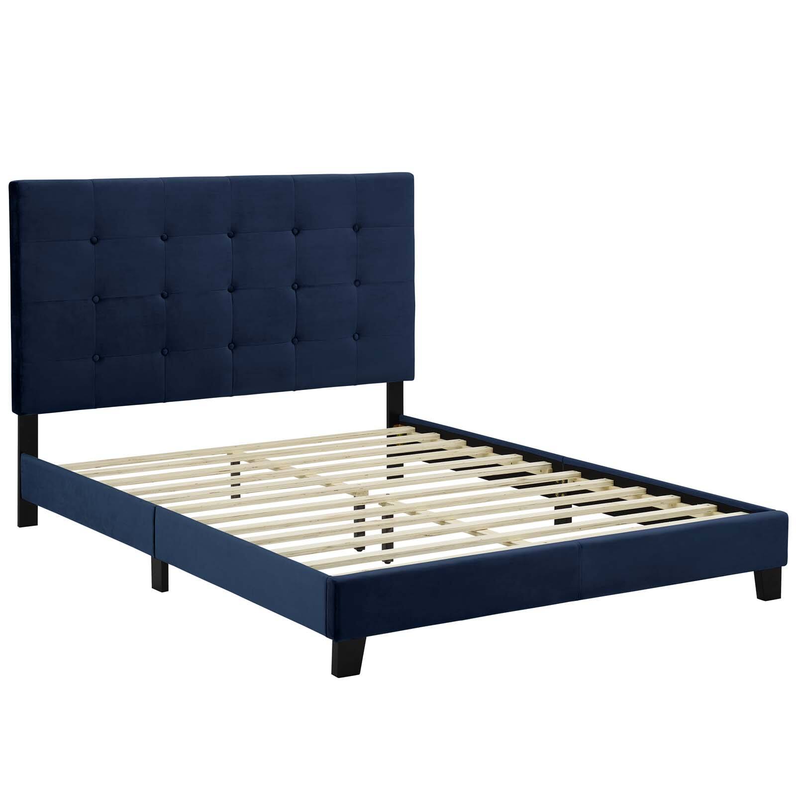 Left. Modway - Loryn Fabric Full Bed Frame with Round Splayed Legs - Blue.