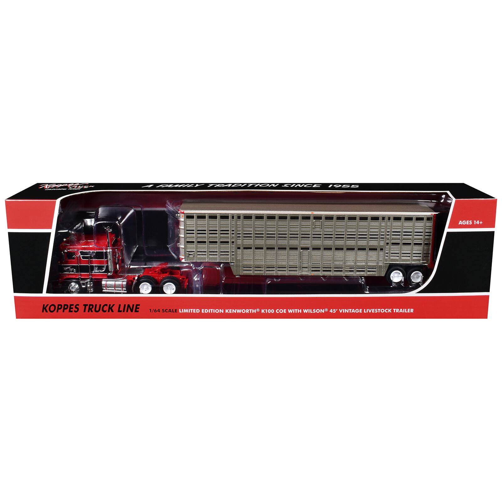 Koppeesue  
A FAMILY TRADITION SINCE 1955  
AGES 14+  
KOPPES TRUCK LINE 1/64 SCALE LIMITED EDITION KENWORTH K100 COE WITH WILSON 45' VINTAGE LIVESTOCK TRAILER
