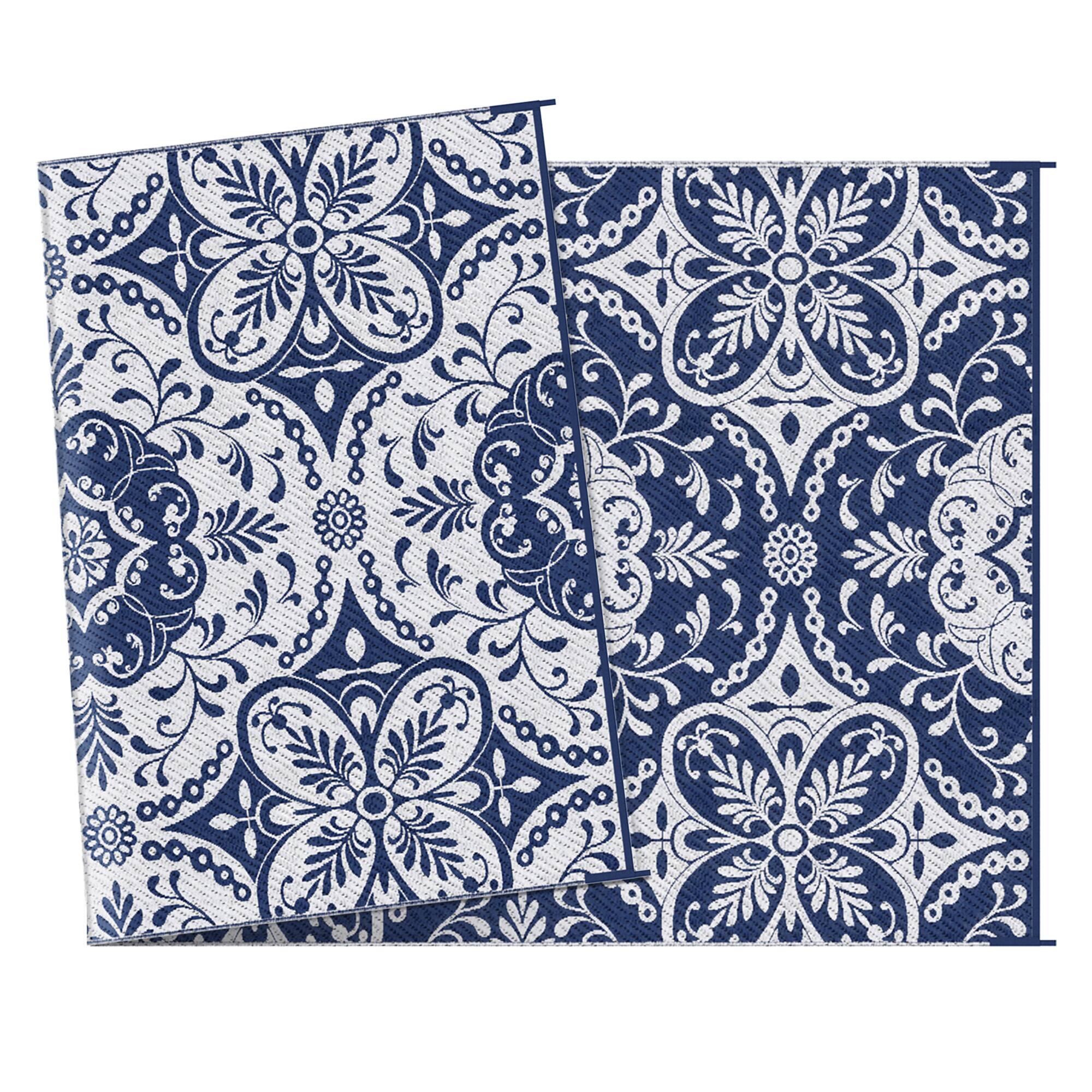 Alt View 8. Outsunny - Outdoor Rug for Patio, 9' x 18' Waterproof Large Mat, Reversible Plastic Straw Rug for Décor - Blue and White Floral.