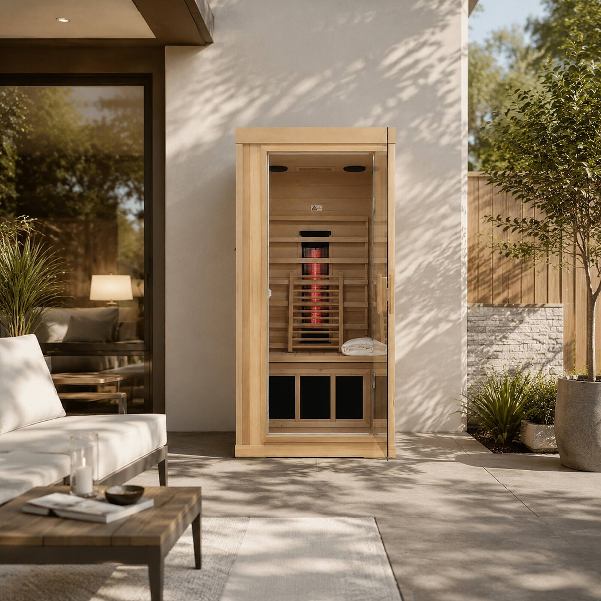 Left. RYHNUYNE - Single Mini Hemlock Sauna, Canadian Eastern Hemlock Wood, Low EMF Far Infrared, Home Relaxation - Natural.