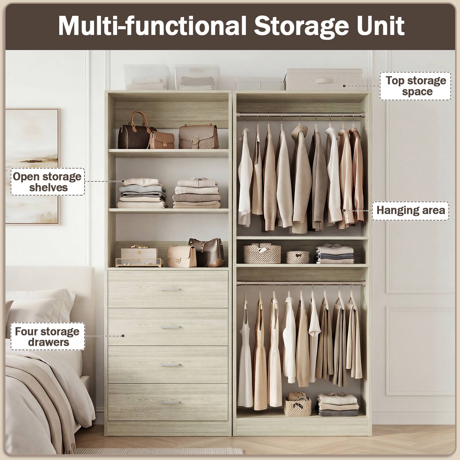 Multi-functional Storage Unit

- Top storage space
- Open storage shelves
- Hanging area
- Four storage drawers