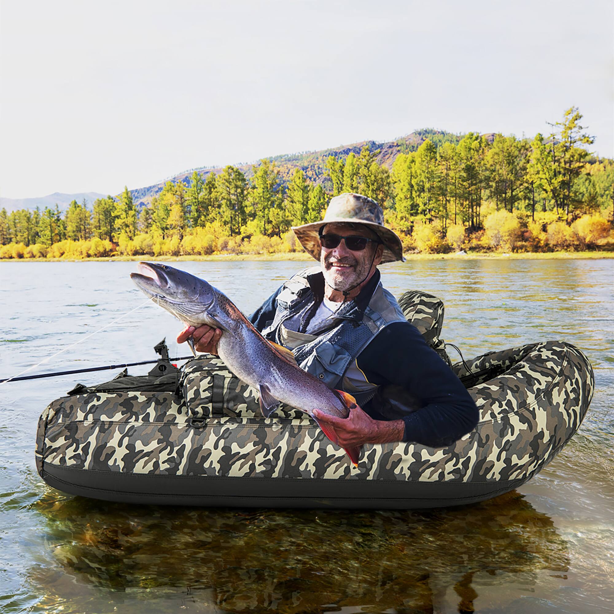 Alt View 3. Gymax - Gymax Inflatable Float Tube w/ Fish Ruler Rod Holder Storage Pockets Flippers Paddle - Camouflage.