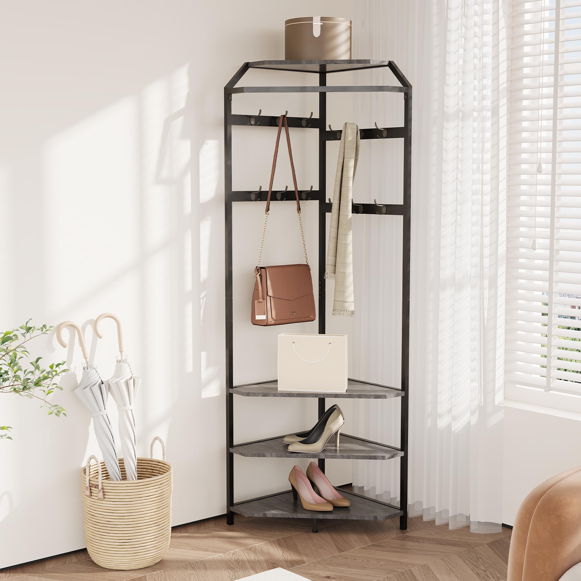 Jojoka - Corner Hall Tree with Shoe Bench, 6 Double Hooks & Storage Shelves, Space-Saving 3-in-1 Coat Rack - Gray