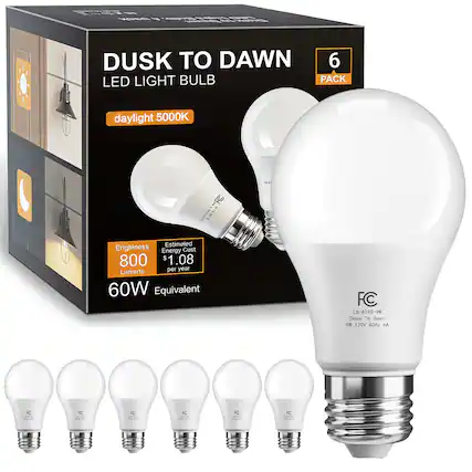 DUSK TO DAWN LED LIGHT BULB
6 PACK
daylight 5000K
Brightness 800 Lumens
Estimated Energy Cost $1.08 per year
60W Equivalent
FC L8-A19S-9W (Dusk To Dawn)
9W 120V 60Hz