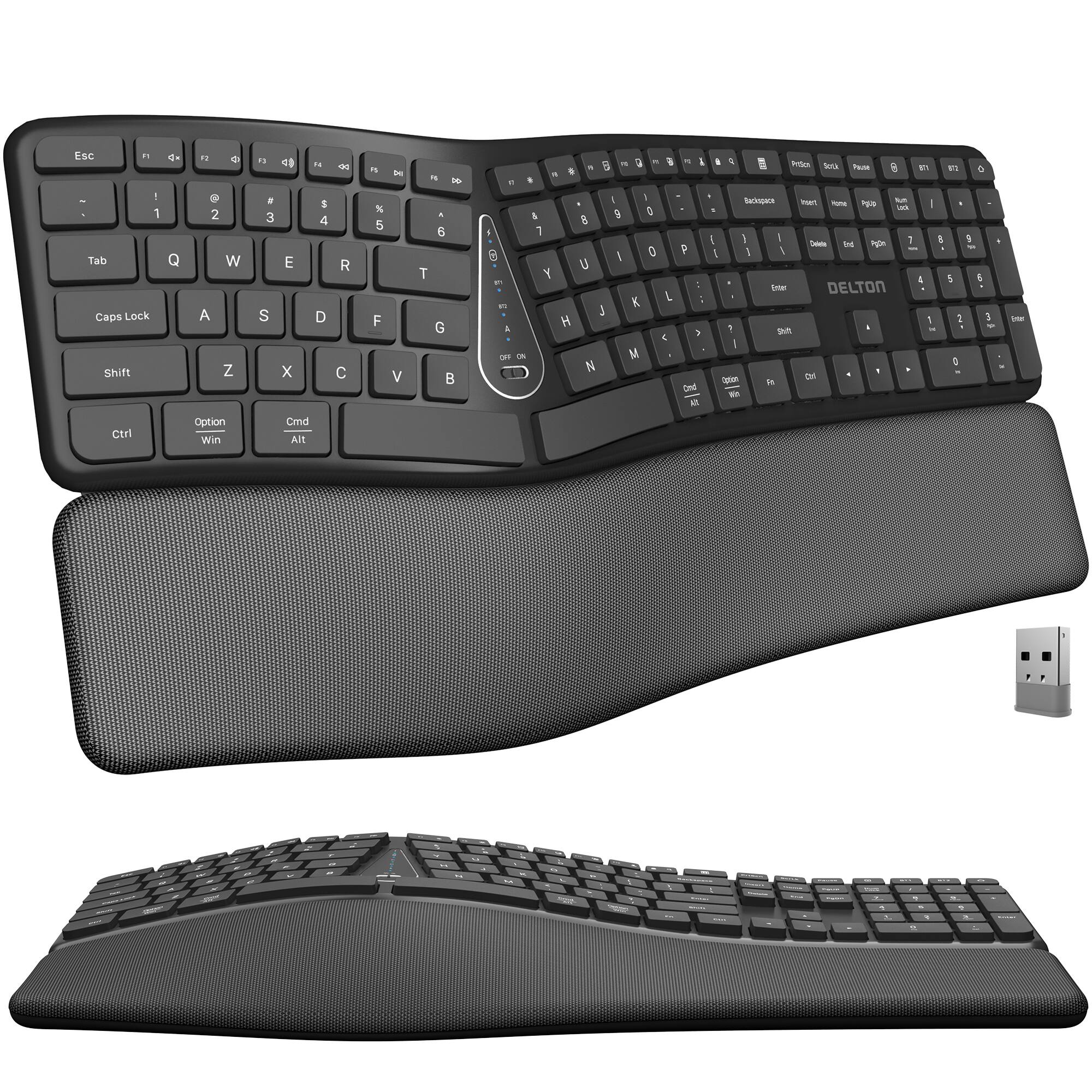 Delton - KB250 Ergonomic Wireless Rechargeable Keyboard with Wrist Rest Pad (DKBE250-WR) - Black