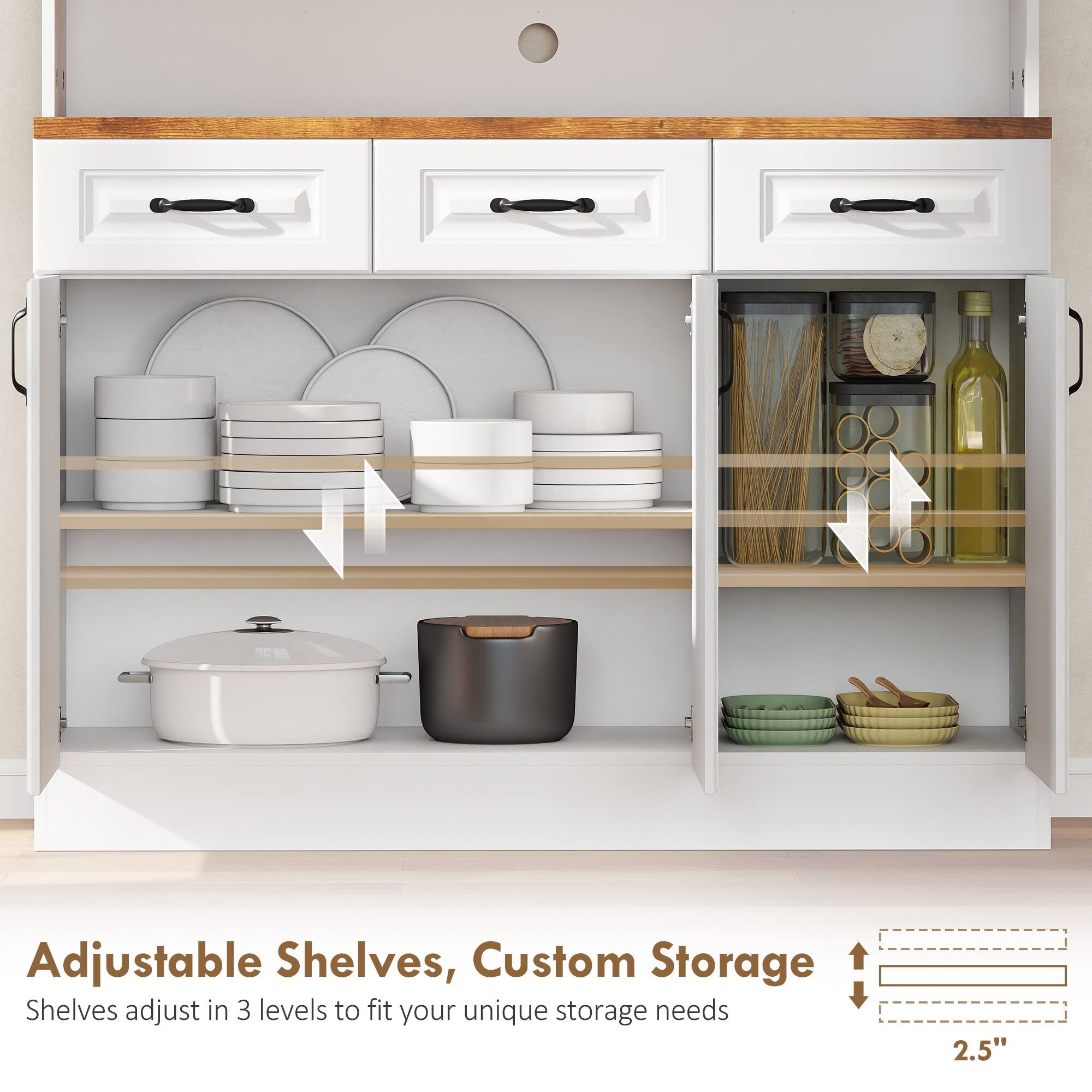 Adjustable Shelves, Custom Storage  
Shelves adjust in 3 levels to fit your unique storage needs  
2.5"
