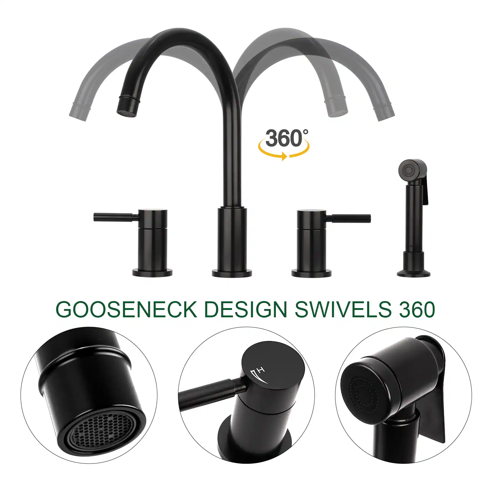 GOOSENECK DESIGN SWIVELS 360°