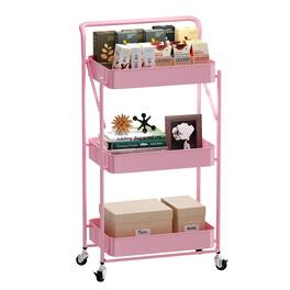 Malletson - 3-Tier Foldable Rolling Cart, Storage Rack with Handle Multi-Purpose and Locking Wheels for Office, Kitchen, Bathroom - Pink