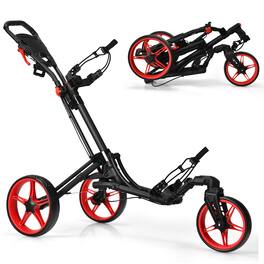 Gymax - 3 Wheels Foldable Golf Push Pull Cart Trolley w/ Adjustable Handle Brake - Red