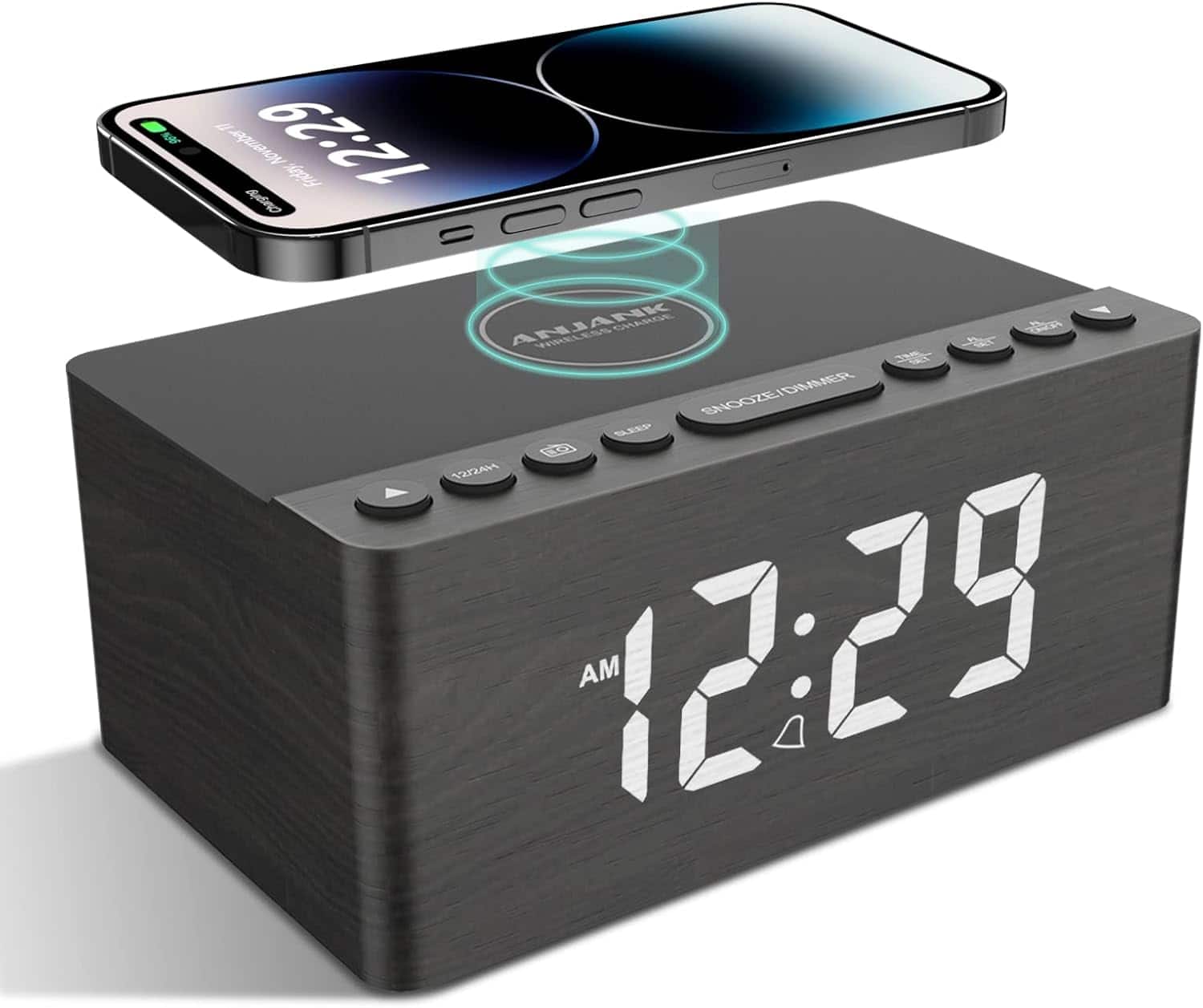 Stamp n Camp - ANJANK Digital LED Alarm Clock FM Radio, Fast Wireless Charger Station for iPhone/Samsung Galaxy, 5 Level Dimmer, USB 9 - Gray-Radio