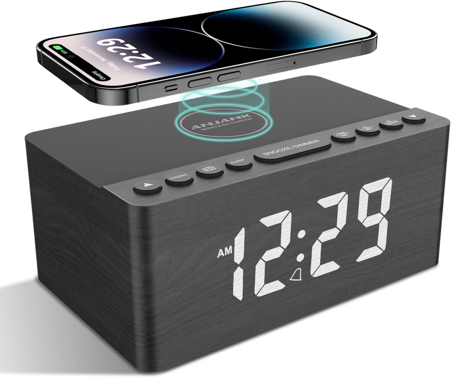 Stamp n Camp - ANJANK Digital LED Alarm Clock FM Radio, Fast Wireless Charger Station for iPhone/Samsung Galaxy, 5 Level Dimmer, USB 9 - Gray-Radio