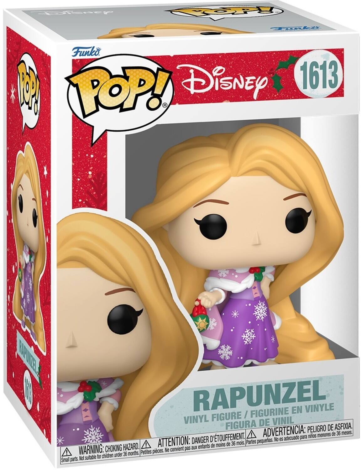 Sure, here is the corrected and grouped text from the image:

---

**Funko POP! Disney**

**1613**

**Rapunzel**

**VINYL FIGURE / FIGURINE EN VINYLE / FIGURA DE VINIL**

**WARNING: CHOKING HAZARD. Small parts. Not suitable for children under 36 months.**

**ATTENTION: DANGER D'ÉTOUFFEMENT. Petites pièces. Ne convient pas aux enfants de moins de 36 mois.**

**ADVERTENCIA: PELOJO DE ASFIXIA. Partes pequeñas. No es adecuado para niños menores de 36 meses.**

---

This text includes the brand, product number, character name, and safety warnings in English, French, and Spanish.