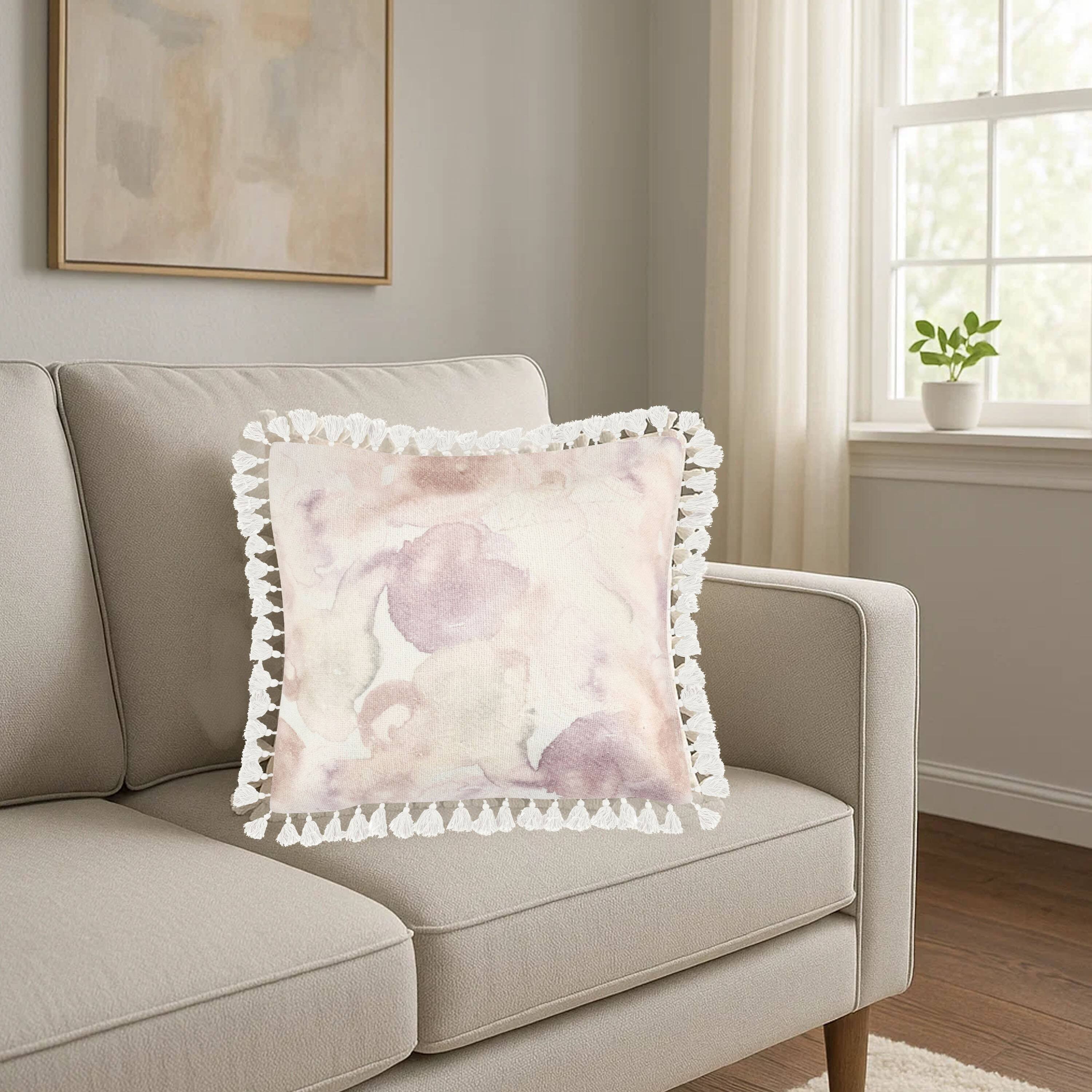 Alt View 2. Manhattan Lane - Luos Throw Pillow, Tasseled Edges, 20 Inch Pink Cotton Linen Blend - Pink, White.