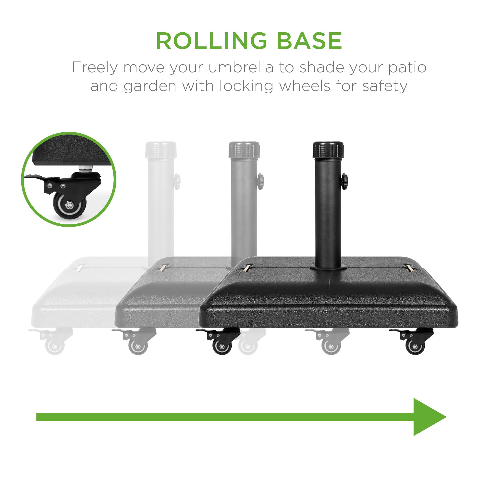 ROLLING BASE

Freely move your umbrella to shade your patio and garden with locking wheels for safety