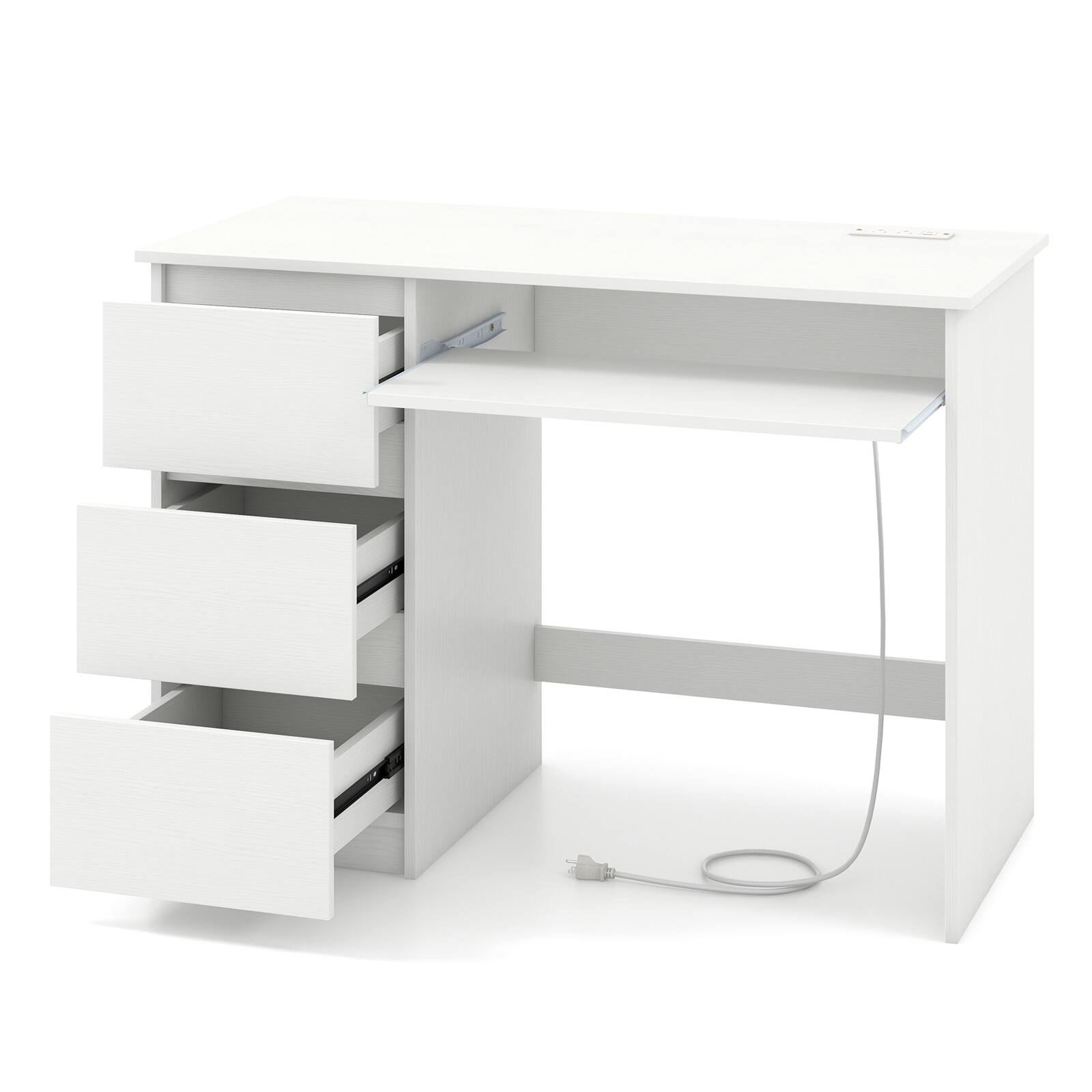 Back. SlickBlue - Office Computer Desk with Built-In Power Outlet, Keyboard Tray, and 3 Drawers - White.