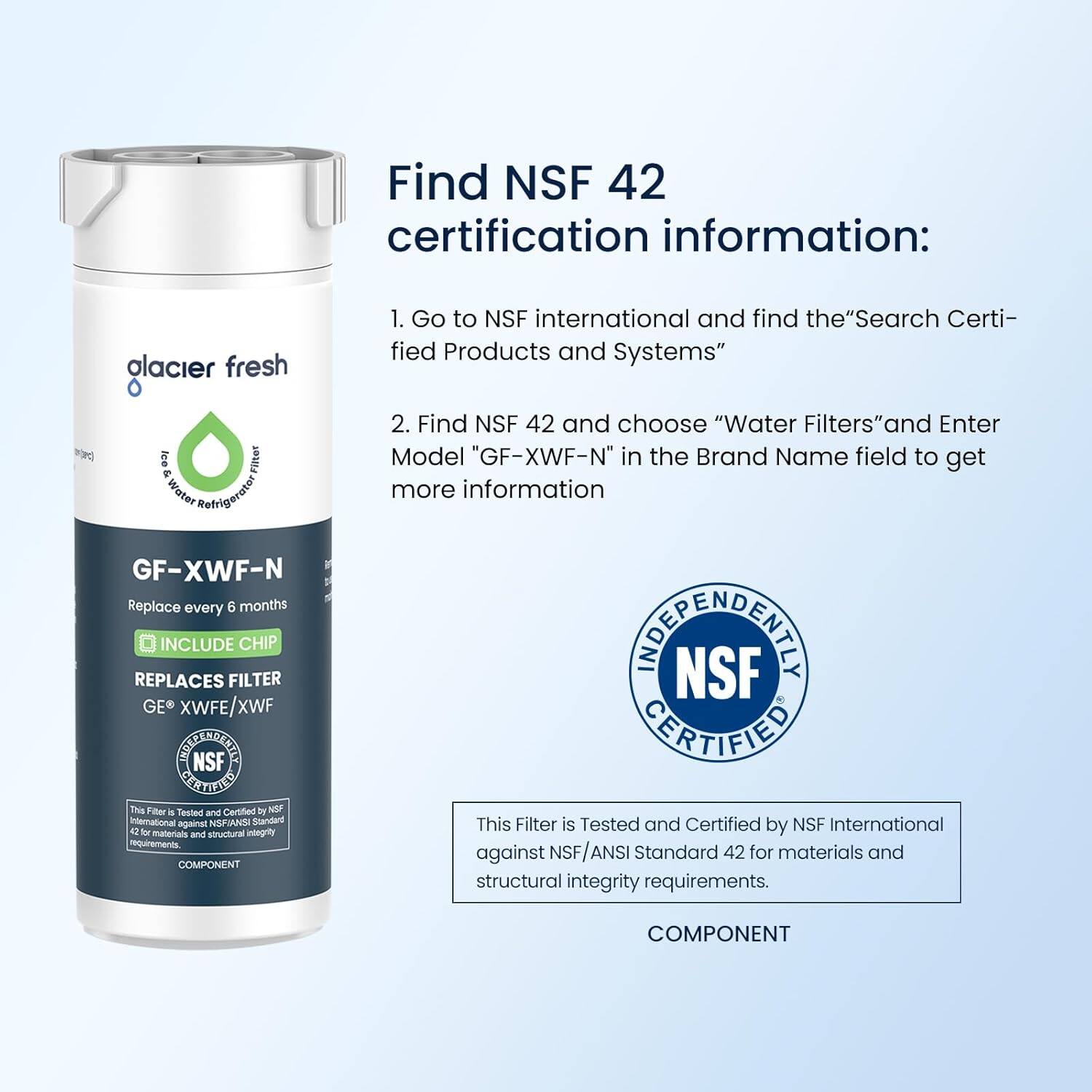 Find NSF 42 certification information:

1. Go to NSF international and find the "Search Certified Products and Systems"
2. Find NSF 42 and choose "Water Filters" and Enter Model "GF-XWF-N" in the Brand Name field to get more information

glacier fresh GF-XWF-N Replace every 6 months INCLUDE CHIP REPLACES FILTER GE XWFE/XWF CEPERPERD NSF CEALITEN This Filler i Tesled an Certified b NEP International against NSPIANCI Standerd 42 for materials and strutural iniegritly requrements

NSF CERTIFIED This Filter is Tested and Certified by NSF International against NSF/ANSI Standard 42 for materials and structural integrity requirements.