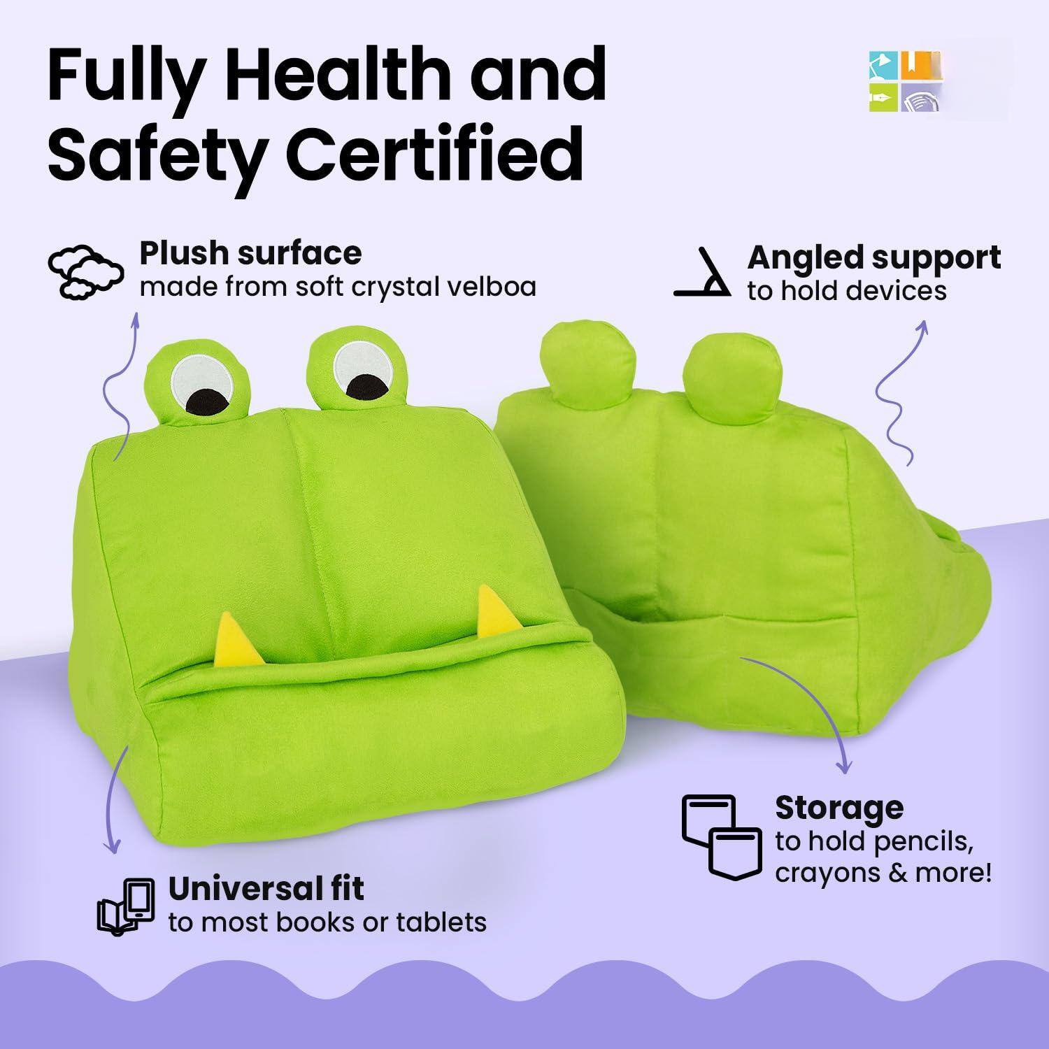 Fully Health and Safety Certified

- Plush surface made from soft crystal velboa
- Angled support to hold devices
- Universal fit to most books or tablets
- Storage to hold pencils, crayons & more!