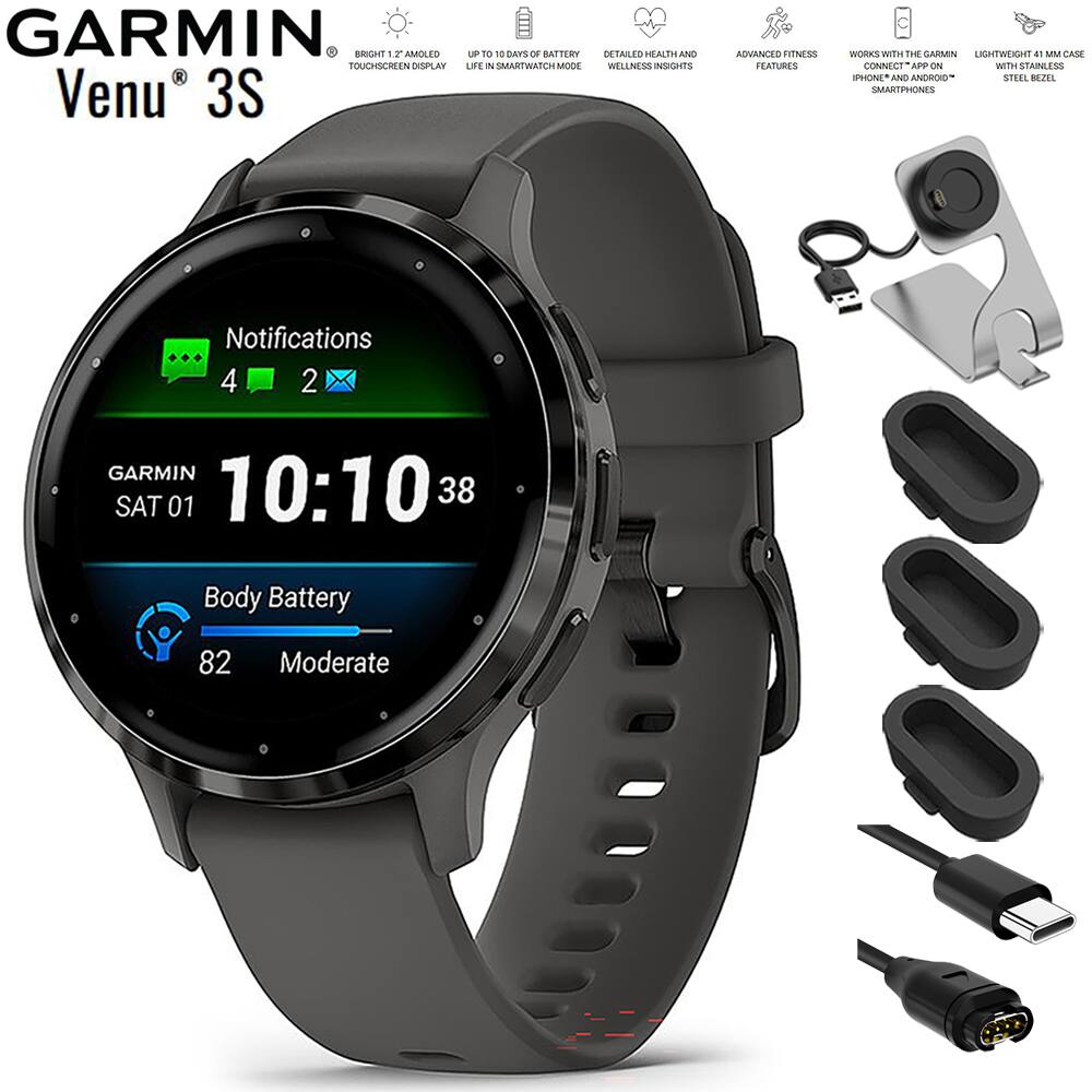 GARMIN Venu 3S
- BRIGHT 1.2" AMOLED TOUCHSCREEN DISPLAY
- UP TO 10 DAYS OF BATTERY LIFE IN SMARTWATCH MODE
- DETAILED HEALTH AND WELLNESS INSIGHTS
- ADVANCED FITNESS FEATURES
- WORKS WITH THE GARMIN IPHONE AND ANDROID SMARTPHONES
- LIGHTWEIGHT 41MM CASE WITH STAINLESS STEEL BEZEL
Notifications
4 2
GARMIN
SAT 01
10:10
38
Body Battery
82 Moderate