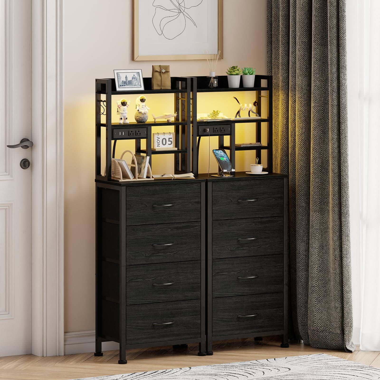 Left. Empire DigiLabs - Tall Nightstand Led Night Stand With Charging Station And Usb Ports 4 Fabric Drawers 4 Tier Storage Shelf N... - Rustic Brown.