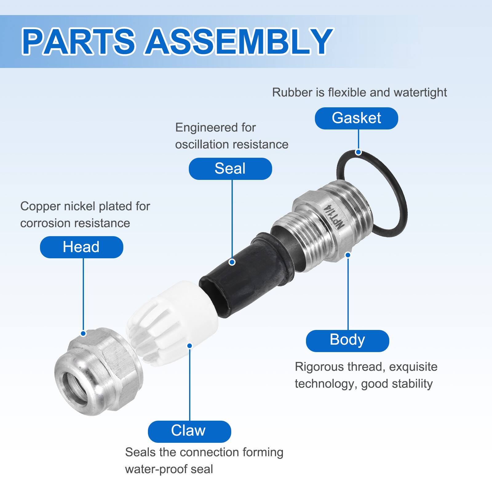 PARTS ASSEMBLY

- Rubber is flexible and watertight
- Engineered for oscillation resistance
- Gasket
- Copper nickel plated for corrosion resistance
- Head NPT1/4
- Body: Rigorous thread, exquisite technology, good stability
- Claw: Seals the connection forming water-proof seal