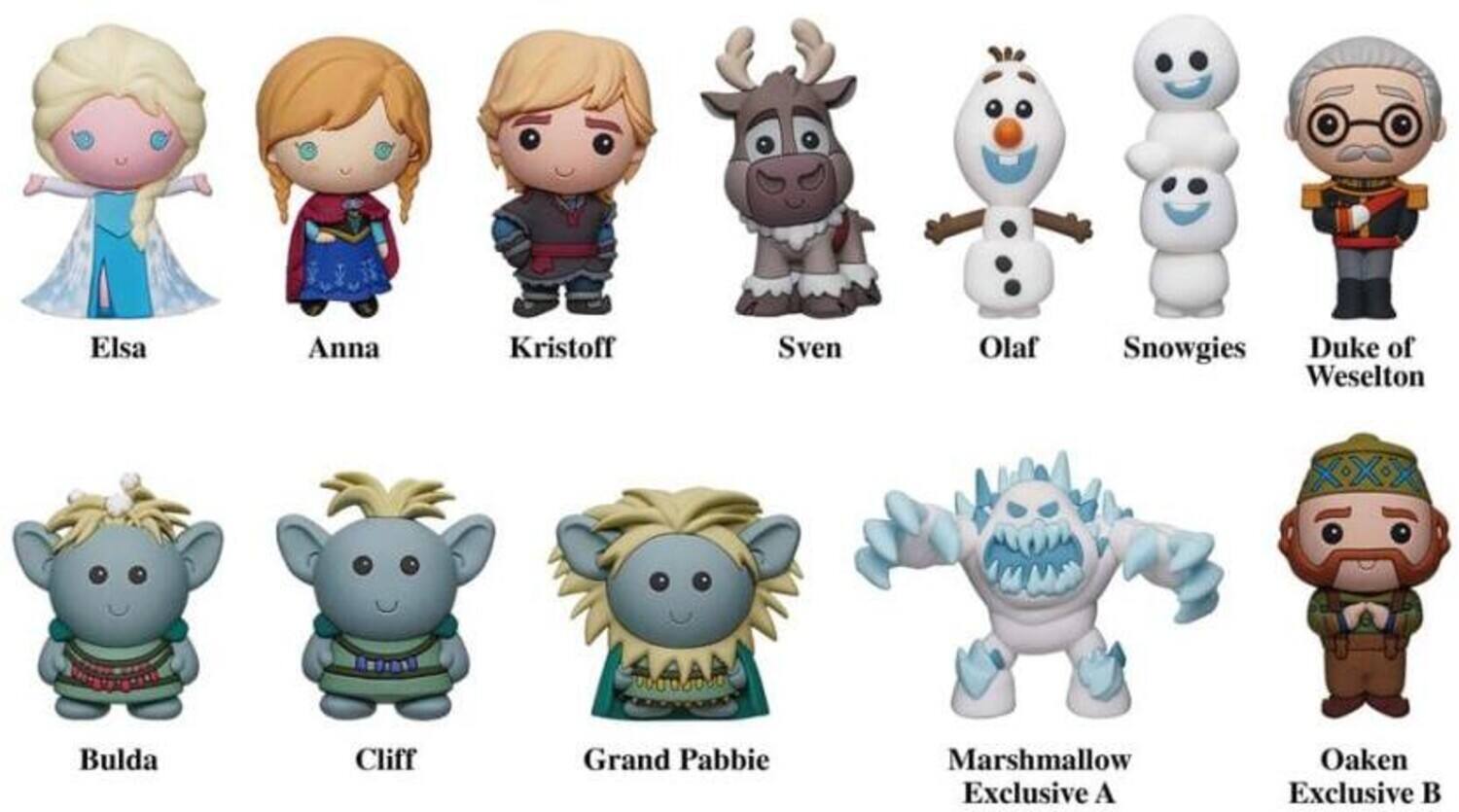 Elsa, Anna, Kristoff, Sven, Olaf, Snowgies, Duke of Weselton, Bulda, Cliff, Grand Pabbie, Marshmallow Exclusive A, Oaken Exclusive B