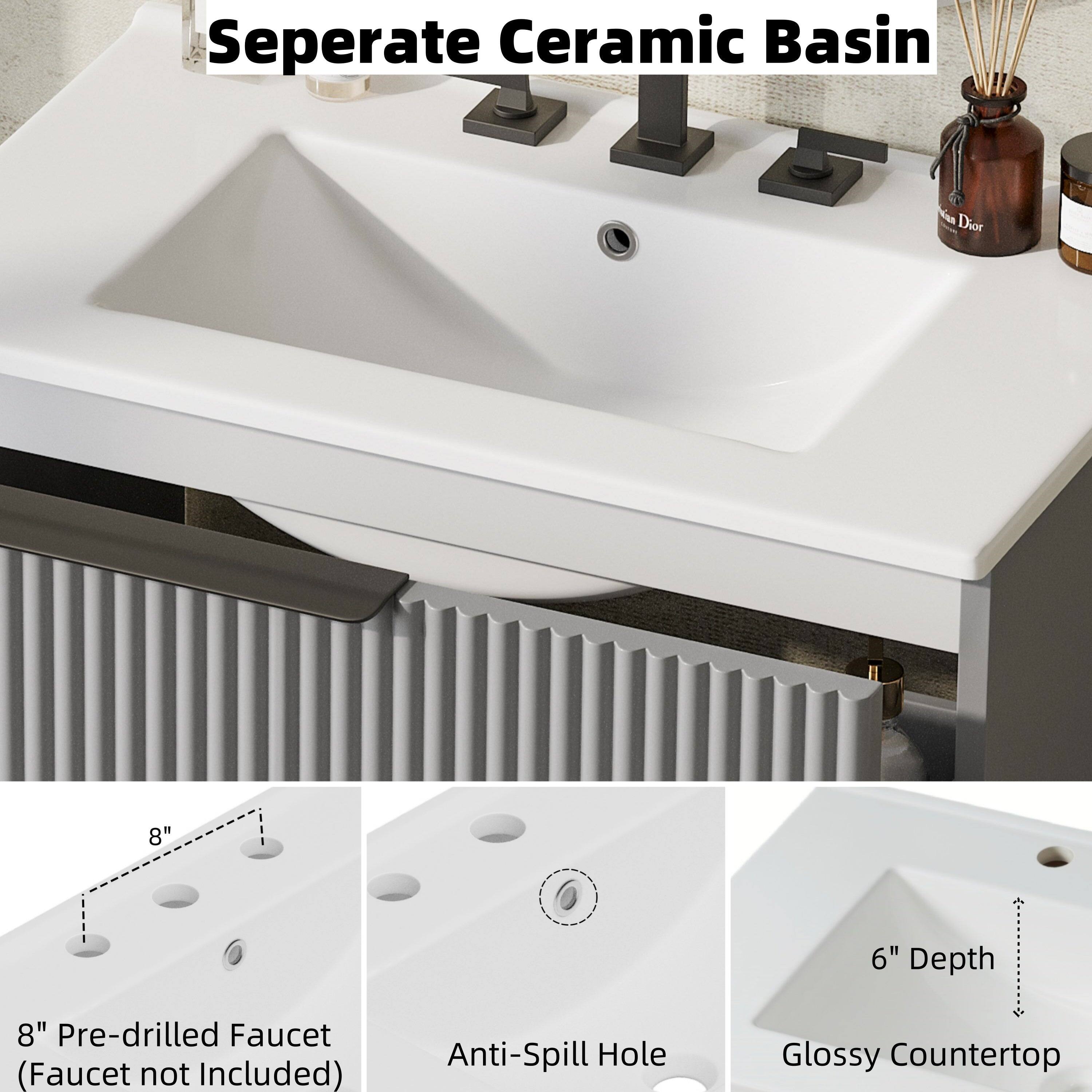 Separate Ceramic Basin

8" Pre-drilled Faucet (Faucet not Included)

Anti-Spill Hole

6" Depth

Glossy Countertop
