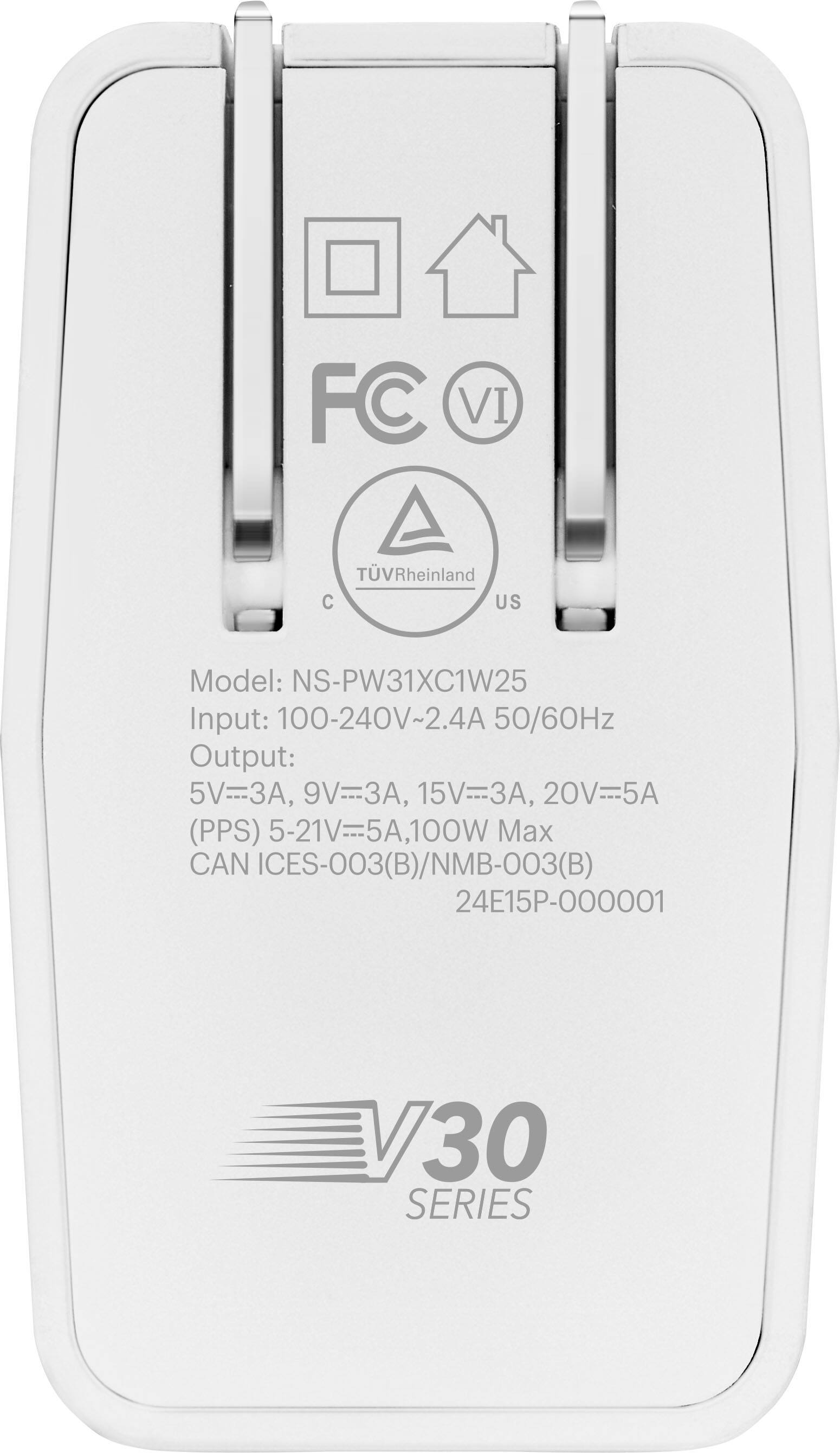 The text on the image is:

"FC VI TVRheinland C US Model: NS-PW31XC1W25 Input: 100-240V~2.4A 50/60Hz Output: 5V=3A, 9V-3A, 15V-3, 20V=5A (PPS) 5-21V=5A,100W 100W Max CAN ICES-003(B)/NMB-003(B) 24E15P-000001 730 SERIES"

I have grouped and corrected the text as follows:

"FC VI TVRheinland C US Model: NS-PW31XC1W25 Input: 100-240V~2.4A 50/60Hz Output: 5V=3A, 9V-3A, 15V-3, 20V=5A (PPS) 5-21V=5A, 100W 100W Max CAN ICES-003(B)/NMB-003(B) 24E15P-000001 730 SERIES"