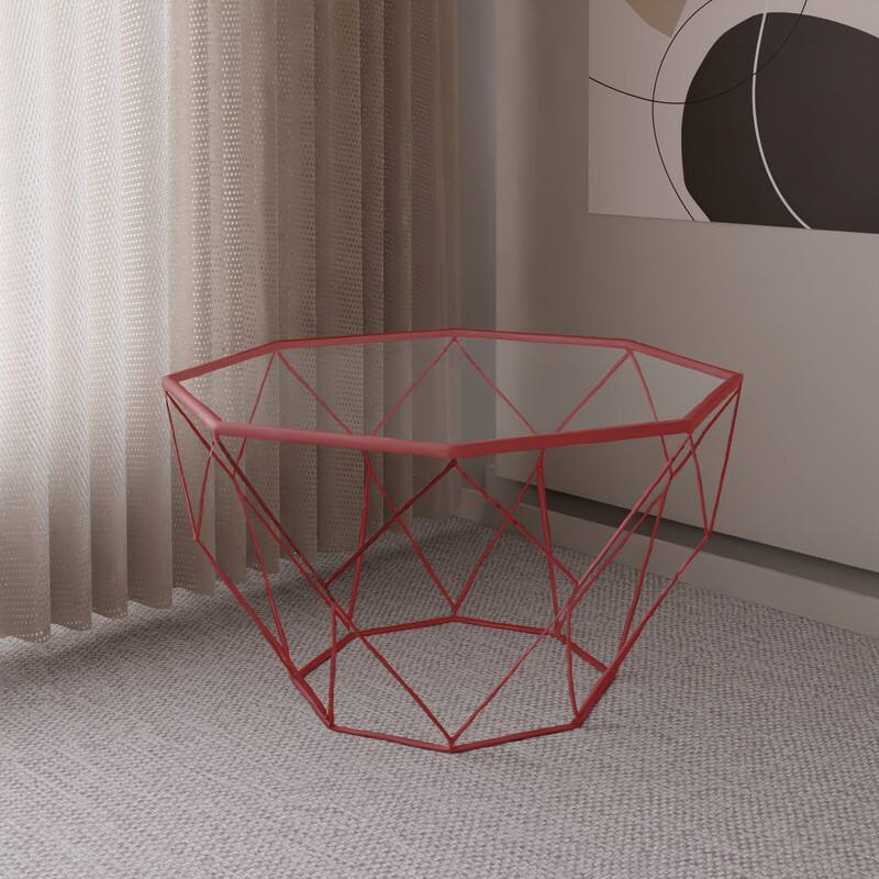 Angle. LeisureMod - Malibu Contemporary Geometric Glass Top Coffee Table with Open-Frame Design and Powder Coated Base for Home and Office - Red.