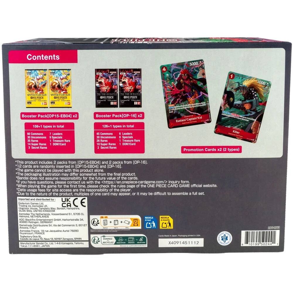 Contents

5000

Booster
Booster

159+1 types in total
126+1 types in total

Commons Leaders 30 Uncommons Specials 35 Rares Treasure Rare Super Rares DON!!Card Secret Rares
Commons 6 Leaders 30 Uncommons Specials 26 Rares Treasure Rare 10 Super Rares DON!!Card Secret Rares

Promotion Cards x2 (2 types)

*This product includes packs from [OP15-EB04] and packs from [OP-16]. 12 cards are randomly inserted in [OP15-EB04] and [OP-16].
*The game cannot be played with this product alone. *The packaging illustration may differ somewhat from the final product. *Bandai does not assume responsibility for the future value of the cards. *If you have questions, please contact US with the form. "When playing the game for the first time, please check the rules page of the ONE PIECE CARD GAME official website. *Data usage fees for site access are the responsibility of the player. *Due to the nature of the product, multiples of one card may appear, or may be