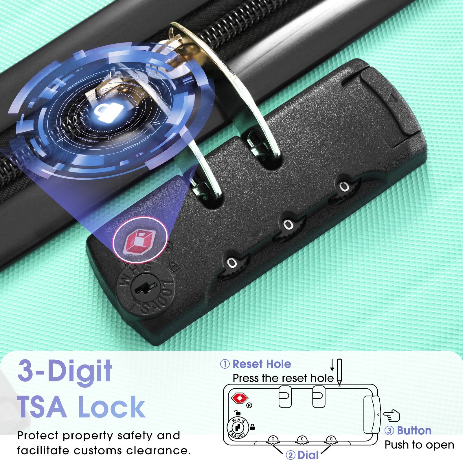 3-Digit TSA Lock  
Protect property safety and facilitate customs clearance.  

1. Reset Hole  
Press the reset hole  

2. Dial  

3. Button  
Push to open