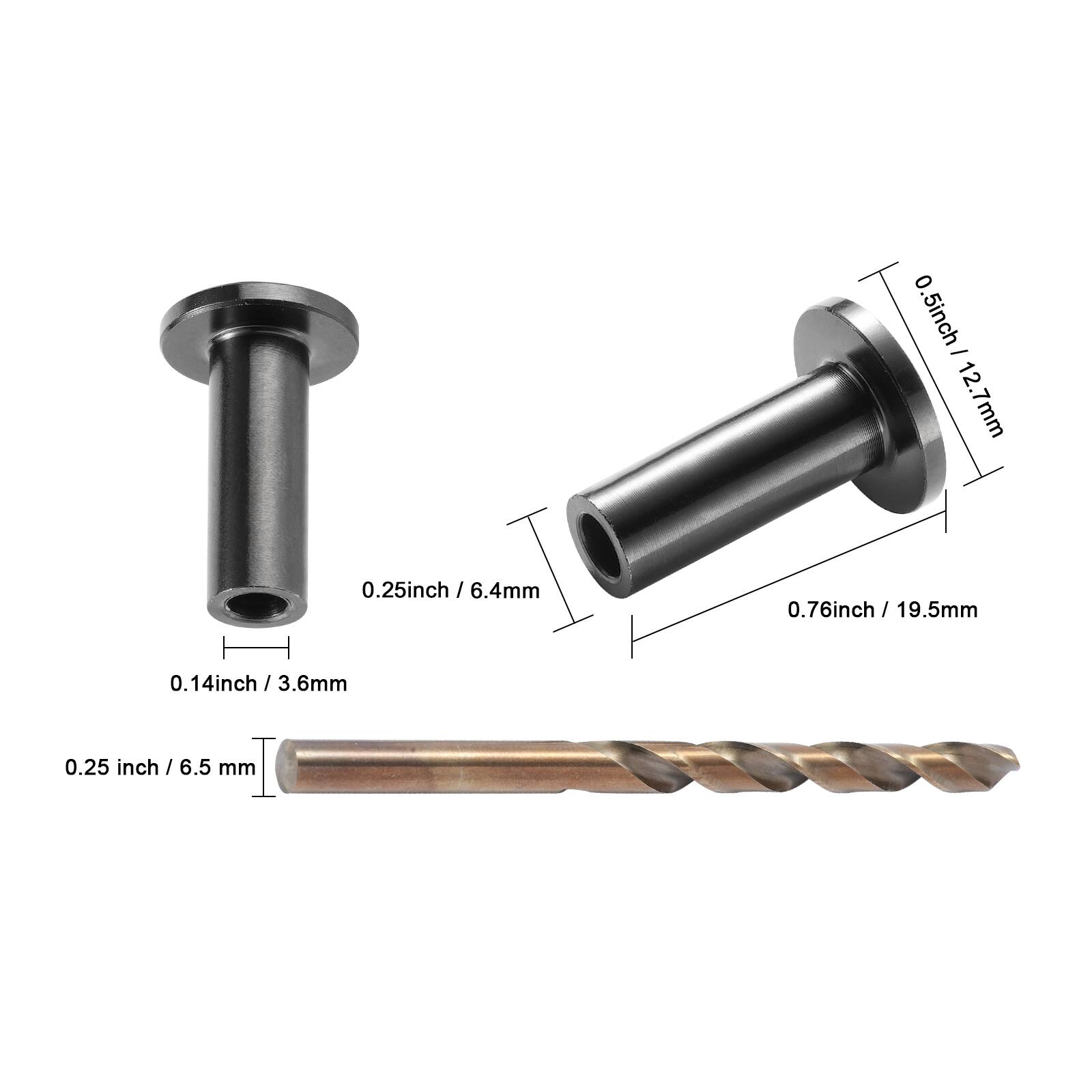 0.5 inch / 12.7 mm  
0.25 inch / 6.4 mm  
0.76 inch / 19.5 mm  
0.14 inch / 3.6 mm  
0.25 inch / 6.5 mm