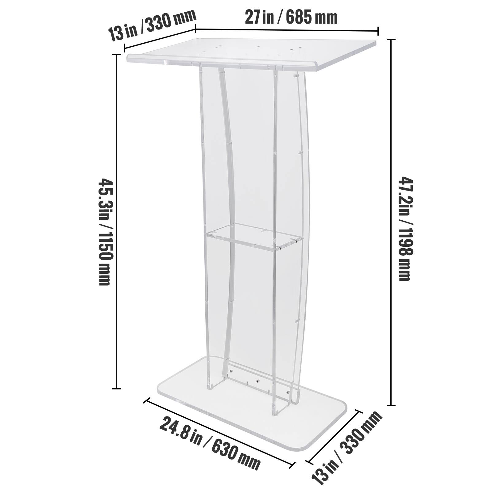 13 in / 330 mm, 27 in / 685 mm, 45.3 in / 1150 mm, 47.2 in / 1198 mm, 24.8 in / 630 mm, 13 in / 330 mm
