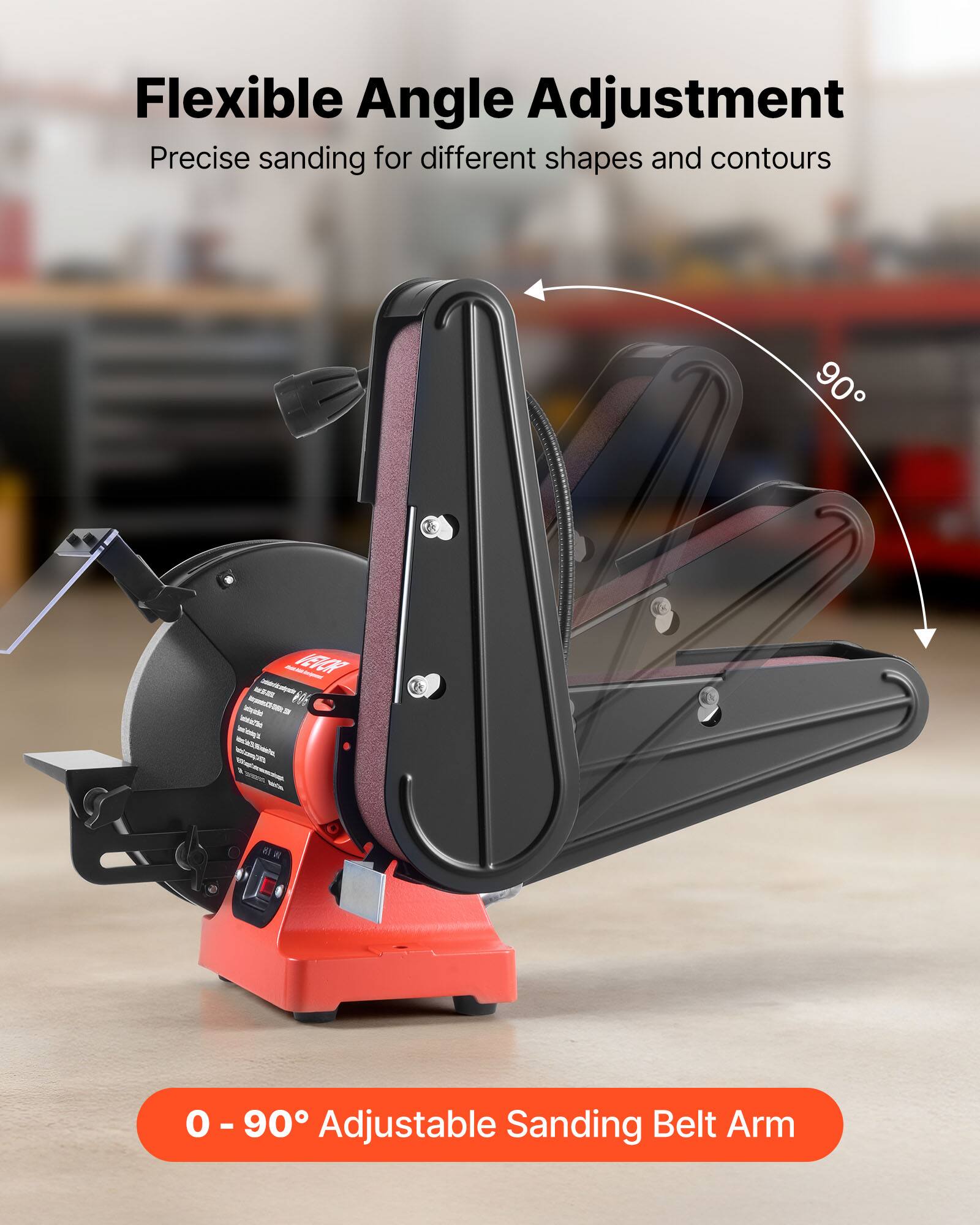 Flexible Angle Adjustment  
Precise sanding for different shapes and contours  

90°  

0 - 90° Adjustable Sanding Belt Arm