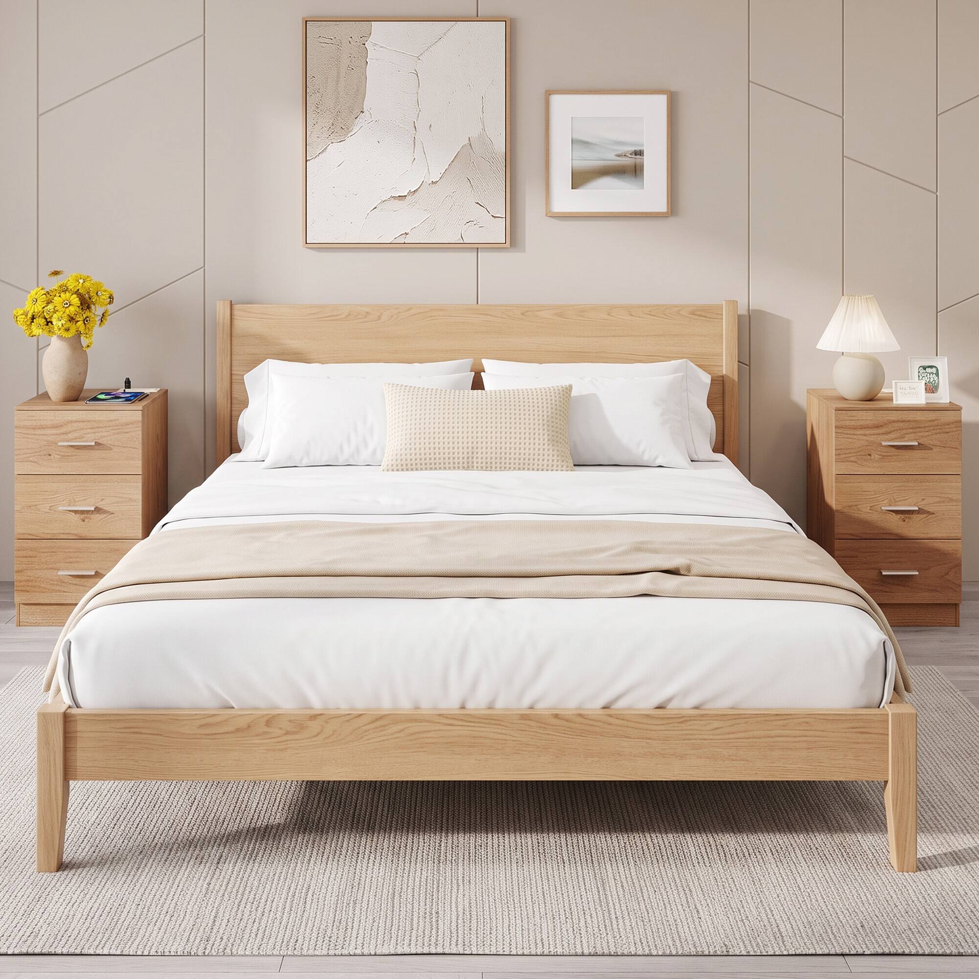 Alt View 3. WELLFOR - Nightstand with Charging Station and 3 Storage Drawers for Bedroom - Natural.