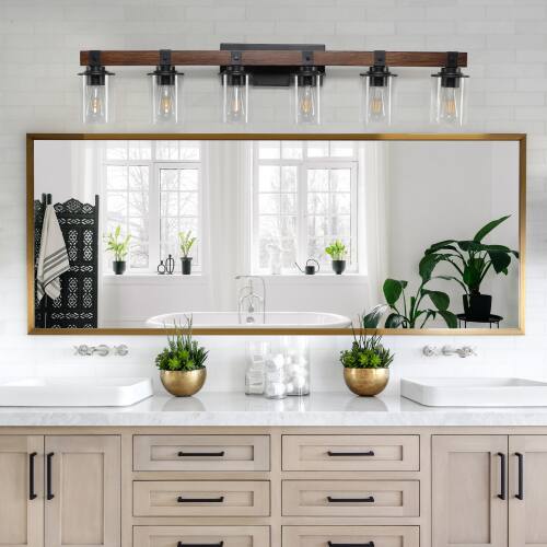 Back. LUCKY ONE - 42in Rustic 6-Light Vanity Light, Industrial Farmhouse Bathroom Sconce with Wood Accent - Walnut.