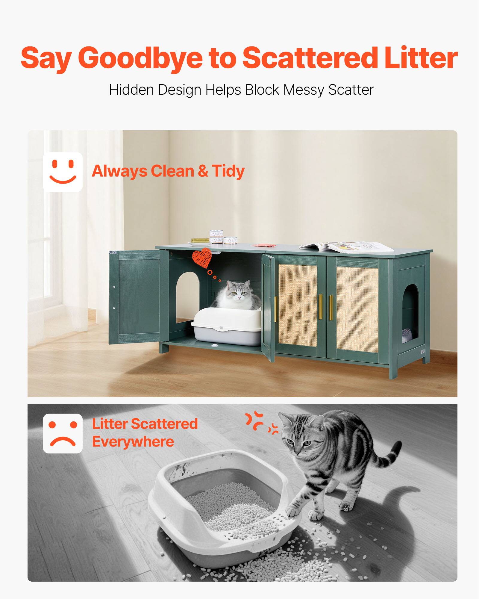 Say Goodbye to Scattered Litter  
Hidden Design Helps Block Messy Scatter  

Always Clean & Tidy  

Litter Scattered Everywhere