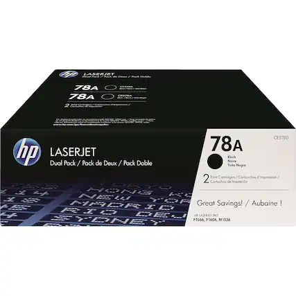 **HP LASERJET Dual Pack / Pack de Deux / Pack Doble**
**78A**
CE278A
Black / Noir / Tinta Negra
**78A**
CE278D
Black / Noir / Tinta Negra
2 Print Cartridges / 2 Cartouches d'Impression / 2 Cartuchos de Impresión
For declared values in accordance with 60VCF 1992, see www.hp.com/go/declaredvalues
www.hp.com/go/learnmoreaboutsupplies
**Great Savings! / Aubaine !**
HP LASERJET PRO
P1566, P1606, M1536
