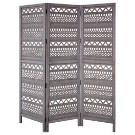 Manhattan Lane - Karma 3 Panel Folding Room Divider Screen, Antique Mango Wood, Inticate Cut out Geometric Design - Gray